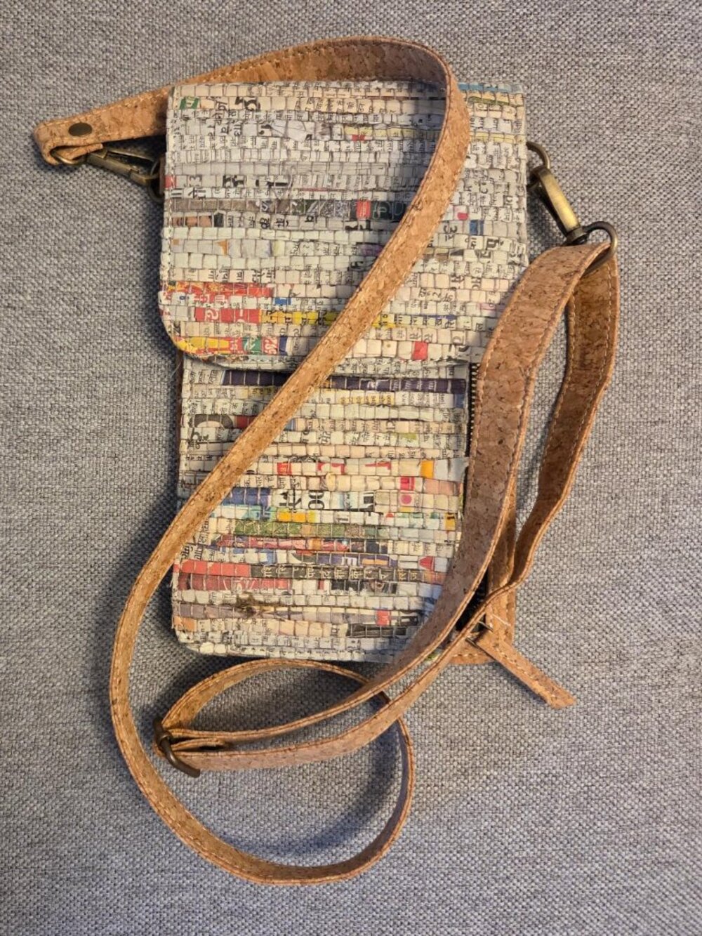 Artisan Woven Recycled Newspaper Crossbody Purse Cork Vegan Leather Clutch